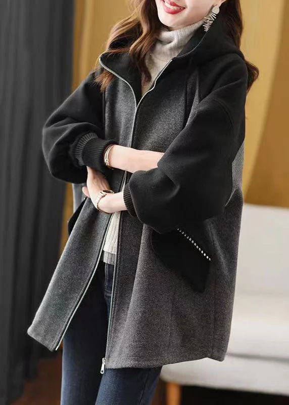 Cool Breeze At Night Plus Size Grey Zip Up Pockets Patchwork Fine Cotton Filled Hooded Coat Fall
