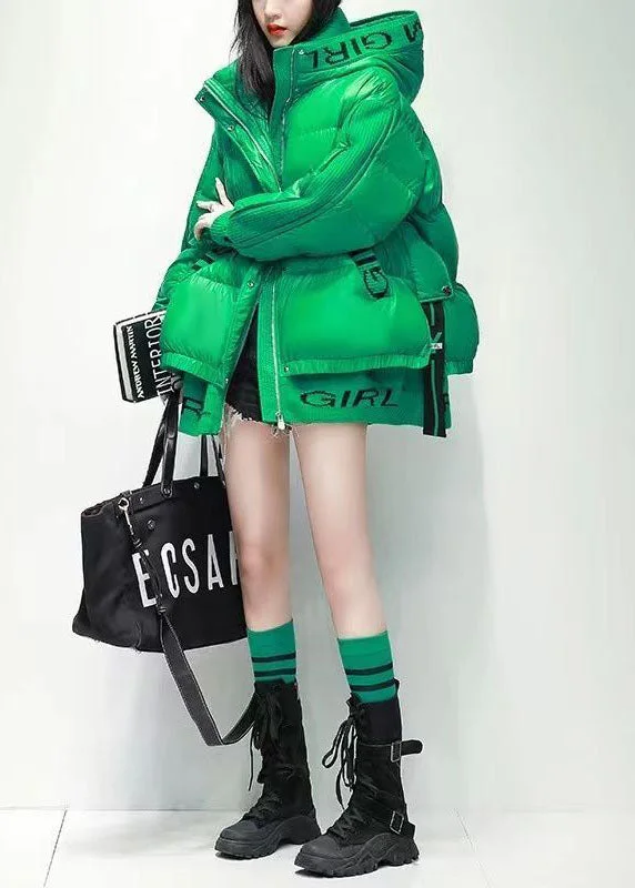 Comfortable Design Stylish Green Hooded Patchwork Letter Print Thick Duck Down Down Coats Winter