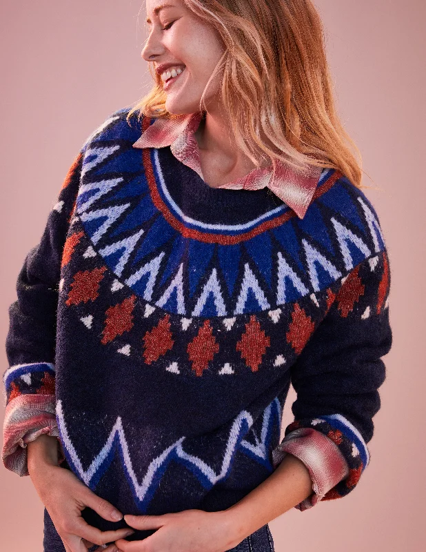 Lazy Style Sundry Fairisle Crew Neck Sweater in Deep Navy