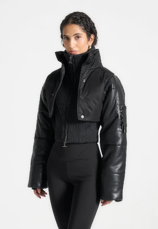Noble And Elegant Leather and Nylon Layered Puffer Jacket - Black