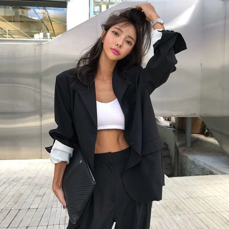 Vintage Black Single-breasted Women Blazer Jacket Fashion Loose Female Workwear Outerwear Elegant Solid Women Suit Jacket 2019