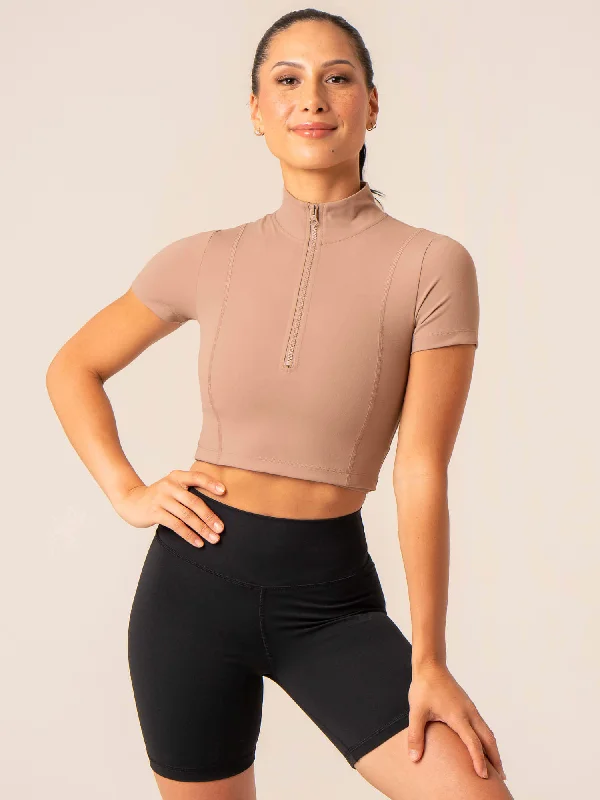 Fresh And Natural NKD Half Zip Fitted T-Shirt - Taupe