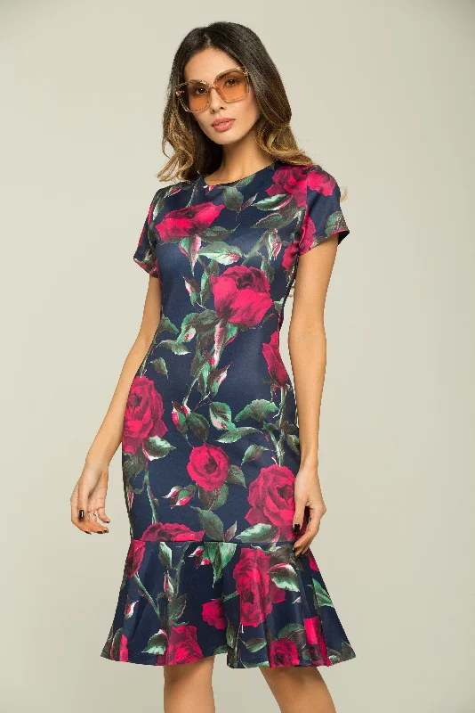 Knowledge And Elegance Navy Blue Pink Roses Midi Dress