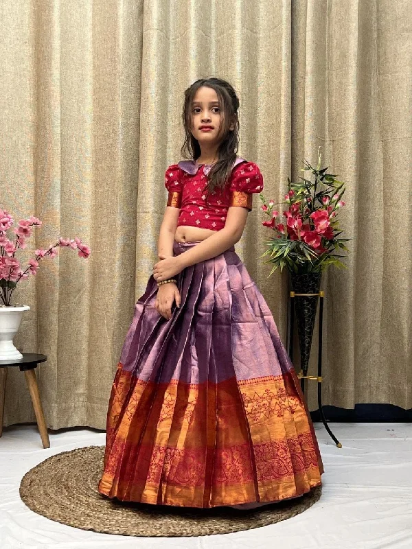 Red Purple Lichi Silk Kid’s Lehenga Choli