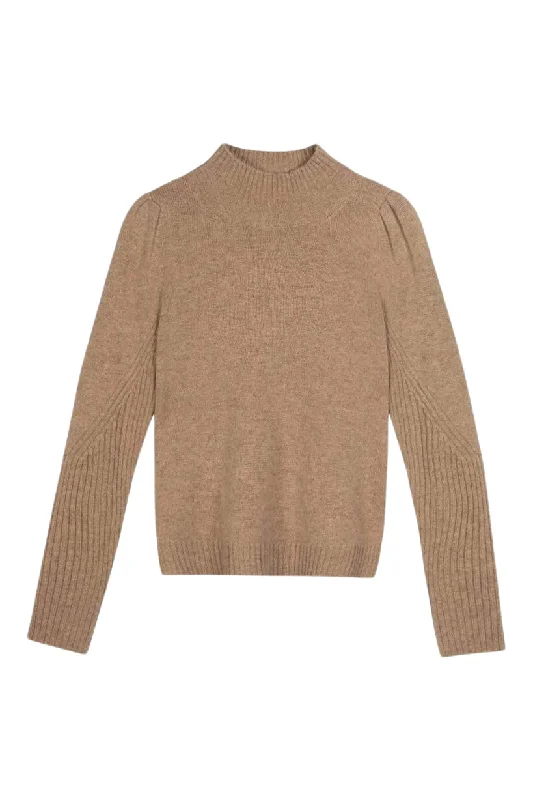 Noble Temperament Repeat Cashmere Mock Neck Sweater with Shoulder Detail in Taupe