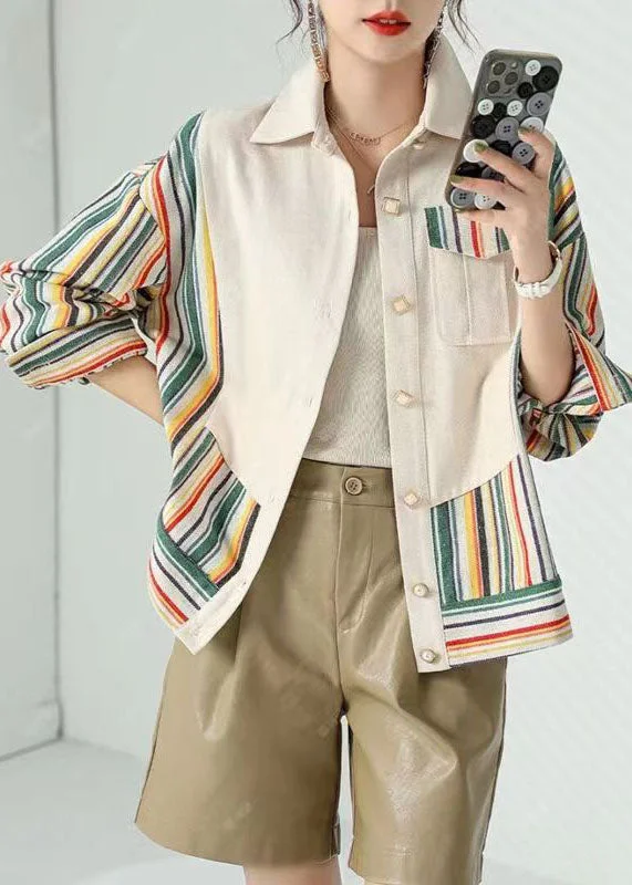 Exclusive Customization Women Beige Peter Pan Collar Pockets Striped Patchwork Cotton Coat Fall