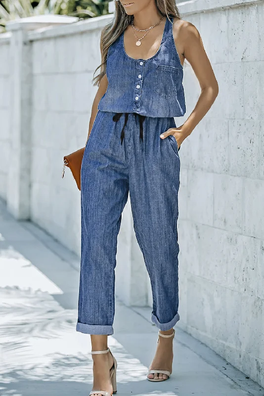 Body Design Buttoned Scoop Neck Denim Jumpsuit