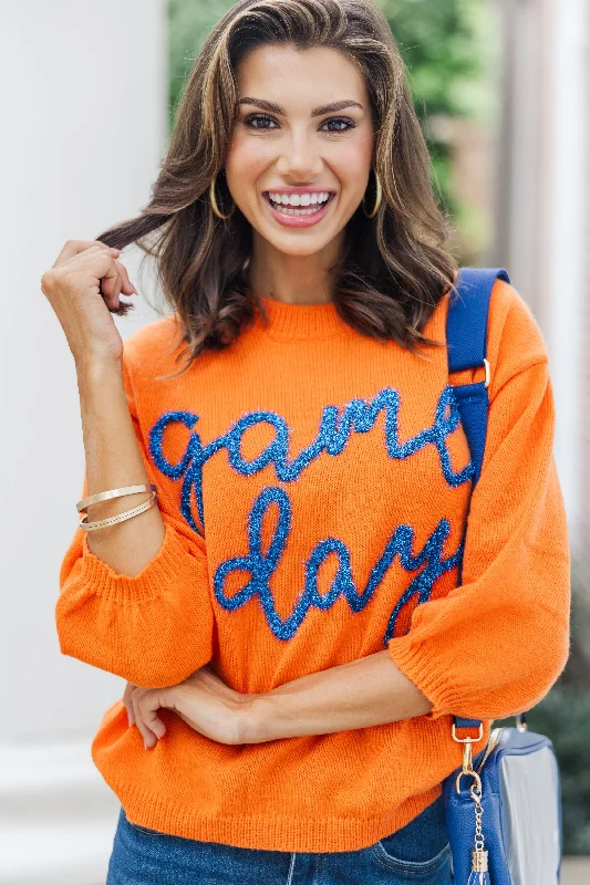 Playful Style It's Game Day Orange/Blue Puff Sleeve Sweater
