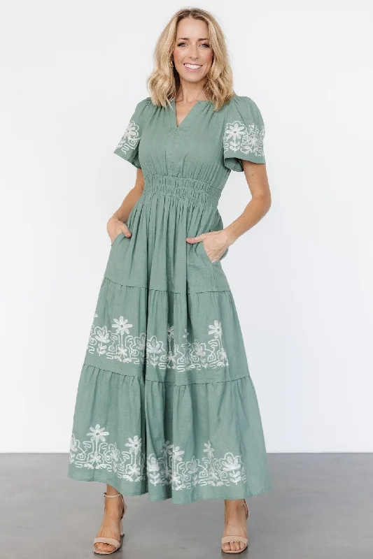 Designer Style Kennedy Embroidered Maxi Dress | Dark Sage