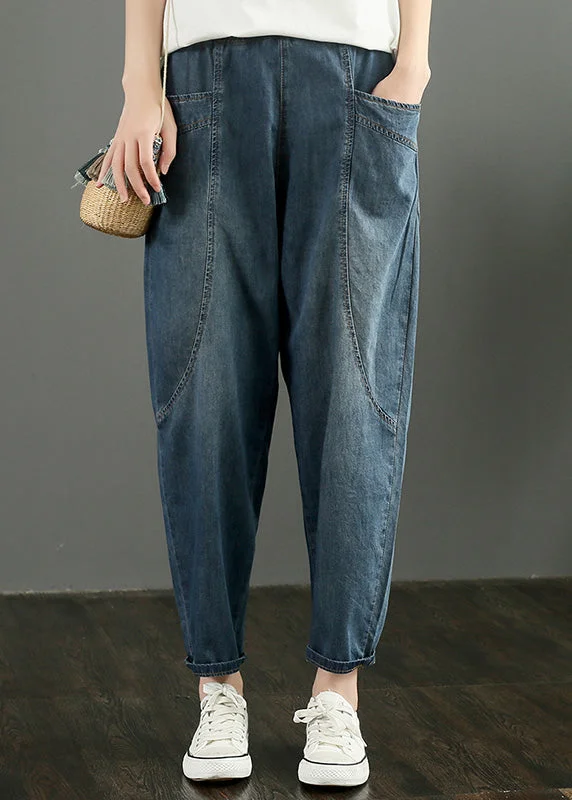 Classic Style Retro Denim Blue Patchwork High Waist Crop Pants Summer
