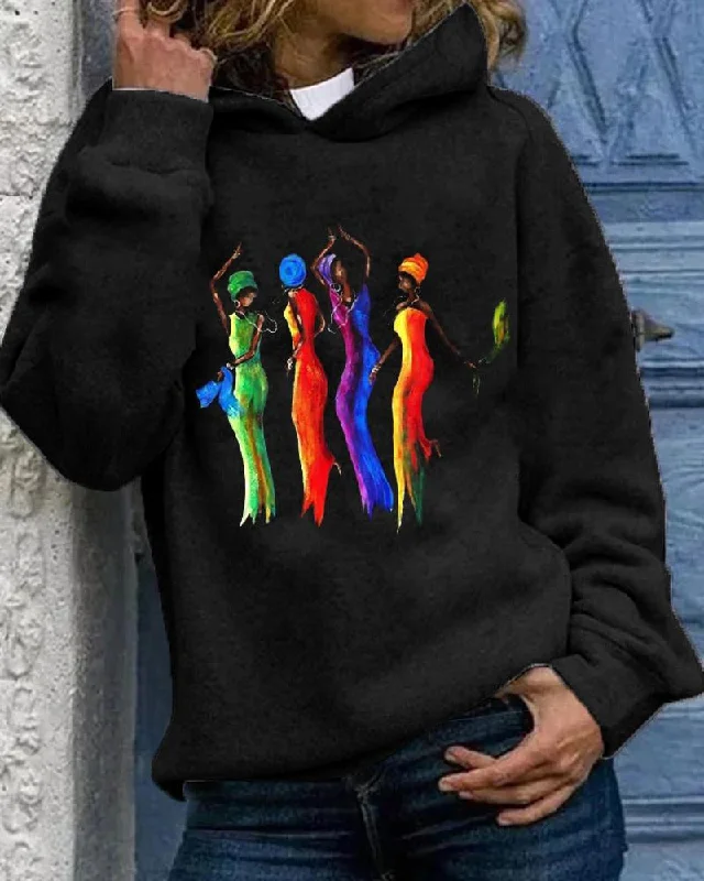 Black dancing casual printed personalized hooded sweatshirt for women