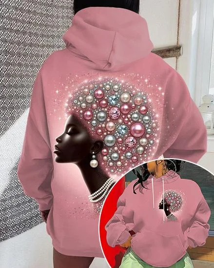 Fashion Style Diamond Pearl Girl Art Print Long-sleeved Hoodie