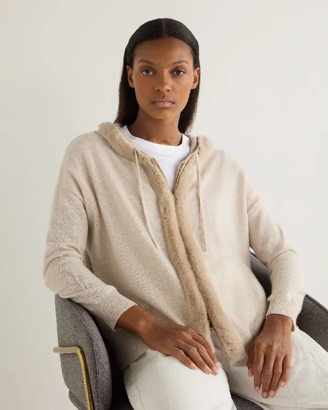 Elegant And Casual Women's Alicia Fur Trim Cashmere Hoodie Ecru White