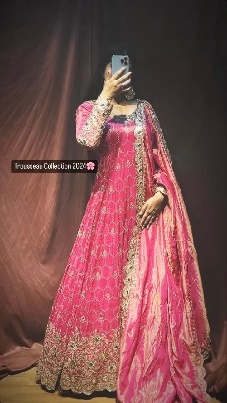 Coral Pink Heavy Embroidery Sequence Work Gown with Dupatta and Pant Suit