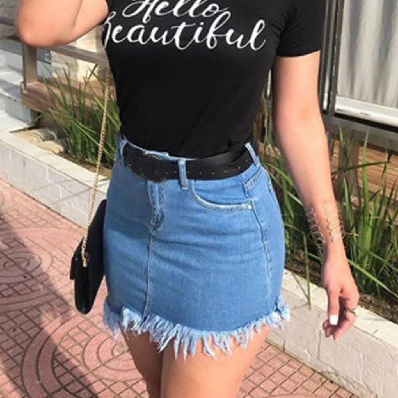 Relaxed And Casual Blue Tassels Zipper High Waist Mini Denim Skirts