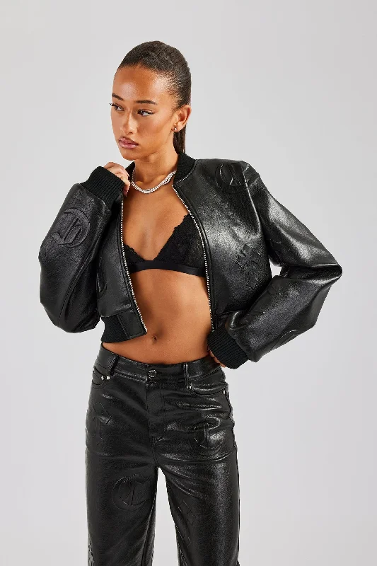 Design Perception Embossed Cross PU Bomber Jacket - Black