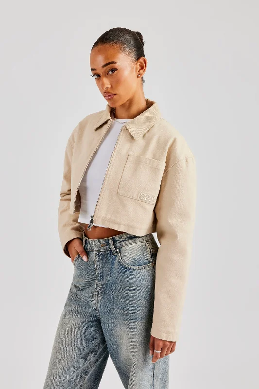 Urban Sense Twill Cord Collar Harrington Jacket - Stone