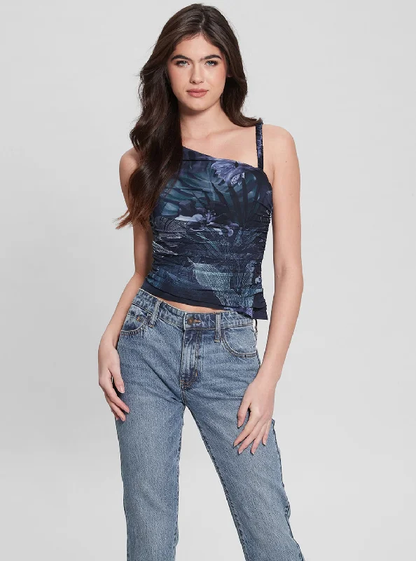 Tropical Print Shirred Mesh Dinah Top