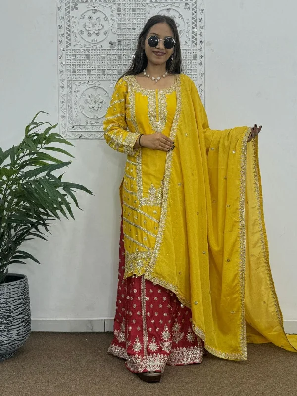 Yellow Sequence work Top with Red Sequence Work Plazzo Suit