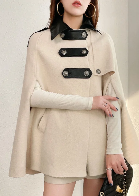 Warm And Comfortable Style Beige Peter Pan Collar Faux Leather Patchwork Woolen Coats Cloak Sleeves