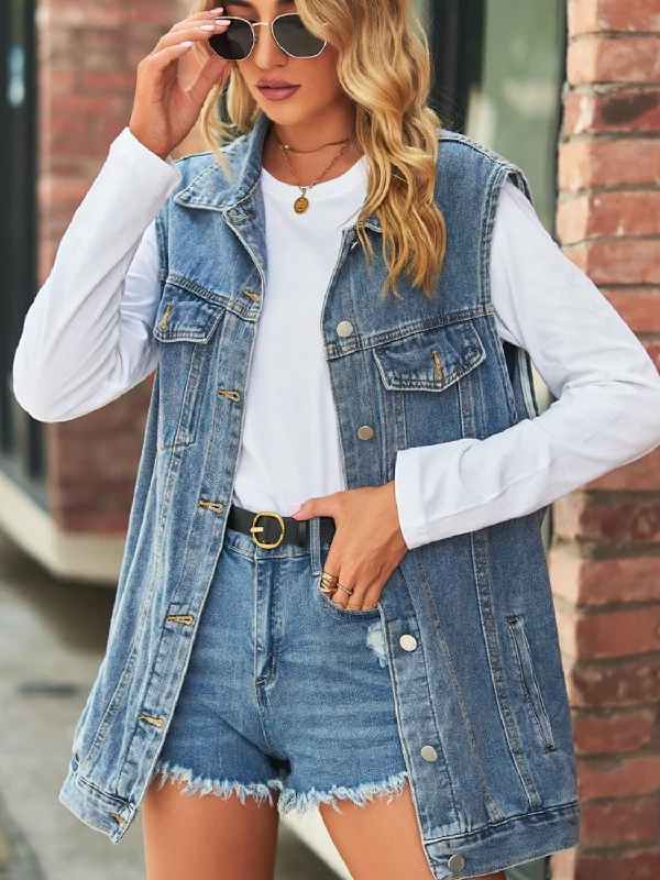 Fashion Elements Collared Neck Sleeveless Denim Top with Pockets