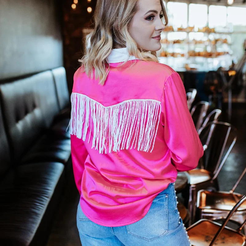 Cool Summer Women's Hot Pink Satin & Fringe Long Sleeve Shirt