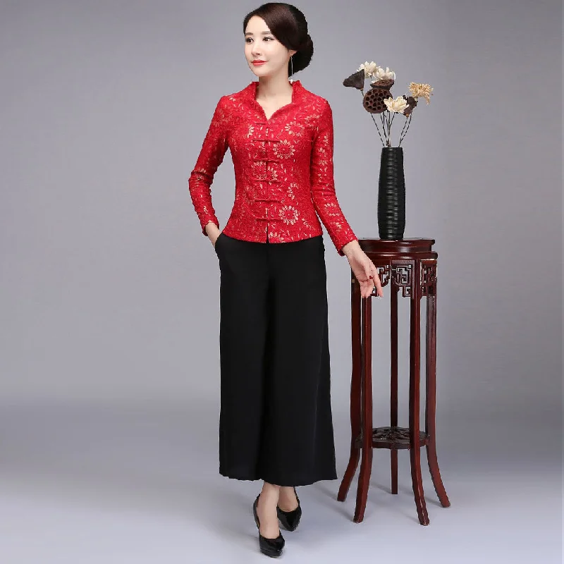 V Neck Lace Cheongsam Top with Long Pantskirt