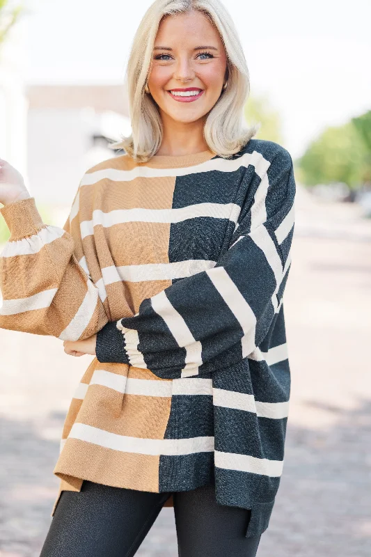 Casual And Versatile Live It Up Mocha/Black Striped Sweater