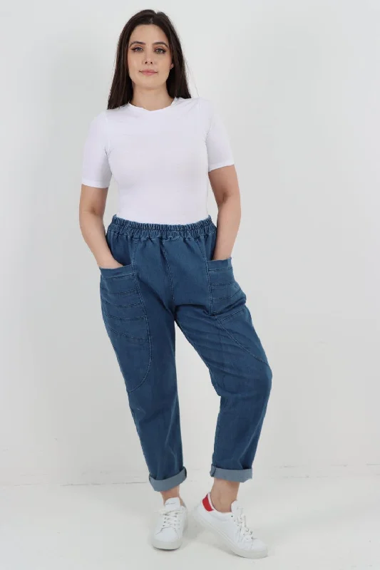 Elegant Style High-Rise Front Pocket Panel Denim Trouser
