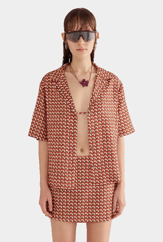 Fashionable And Versatile Relaxed Silk Camp Collar Shirt - Cocoa/Red V Monogram