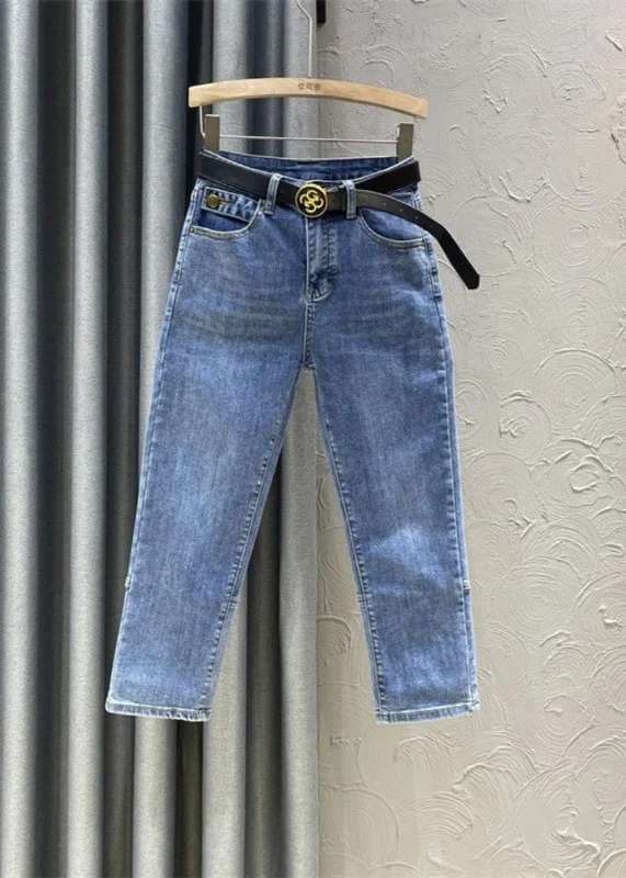 Noble And Elegant DIY Denim Blue High Waist Sashes Crop Pants Summer