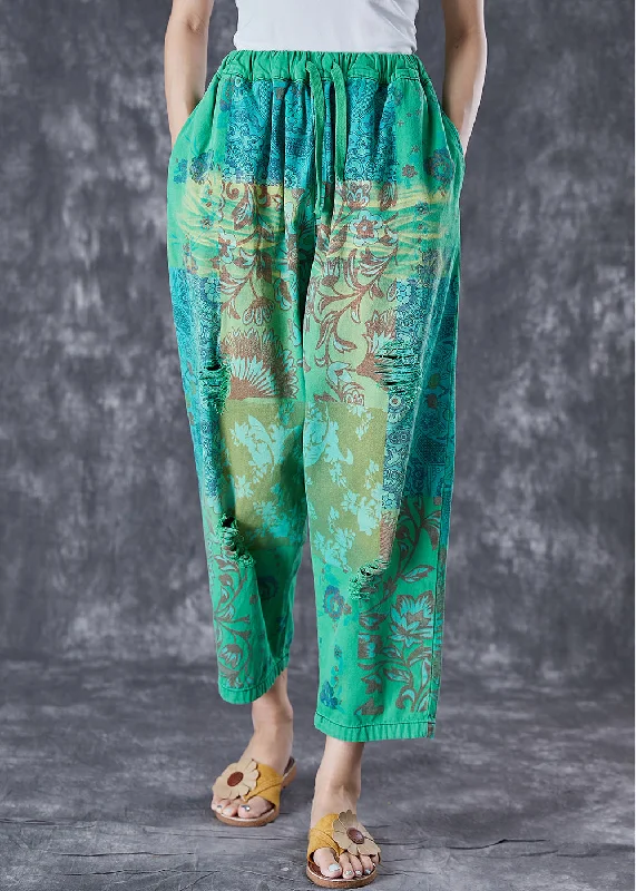 Thin Design Italian Green Elastic Waist Print Denim Harem Pants Ripped Jeans Summer