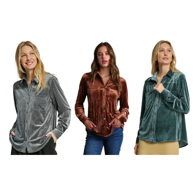 Casual And Comfortable Women's Velvet Textured Button-Down Long Sleeve Shirt