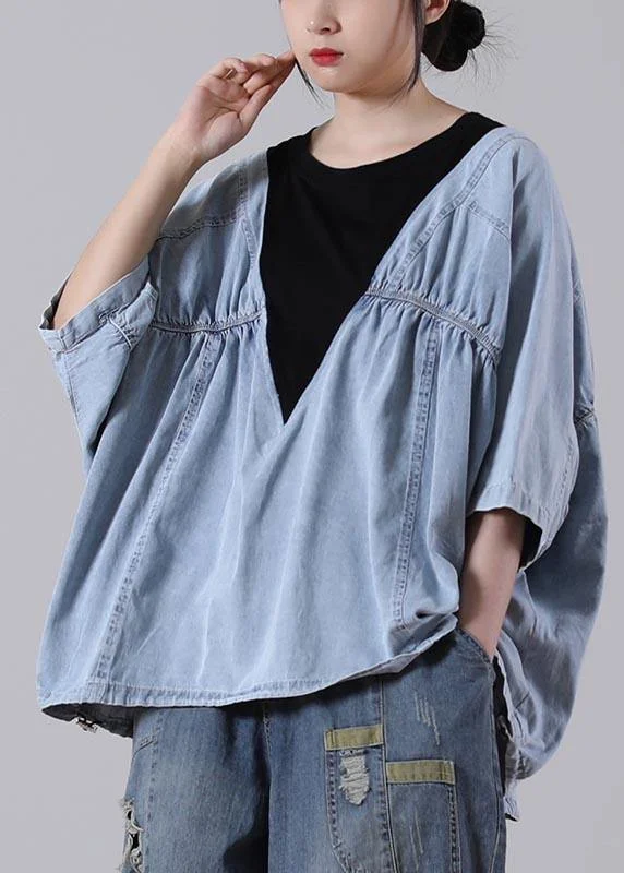 Fresh And Simple Fine Denim blue Patchwork Black Cotton Loose Shirts Summer