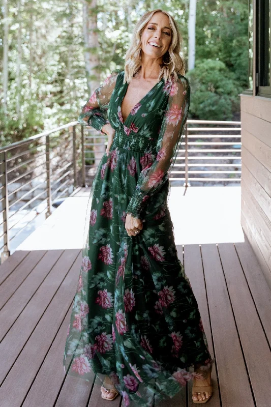 Layla Tulle Maxi Dress | Green + Pink Floral