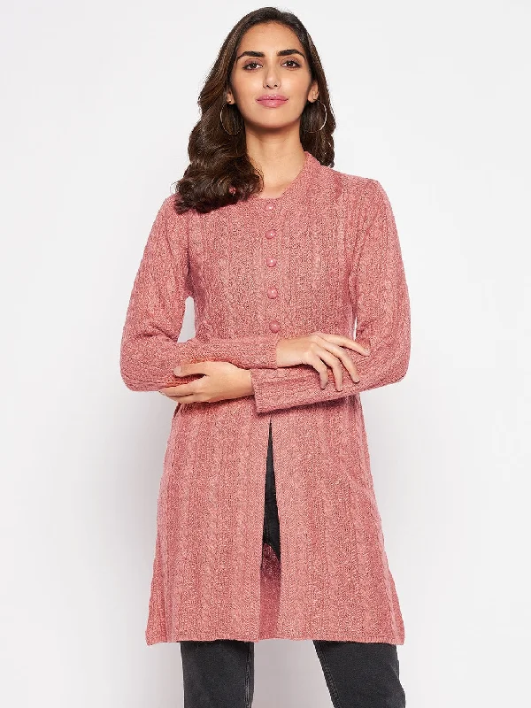Customized Version Women's Casual  Pink Round neck Long Cardigan Sweater