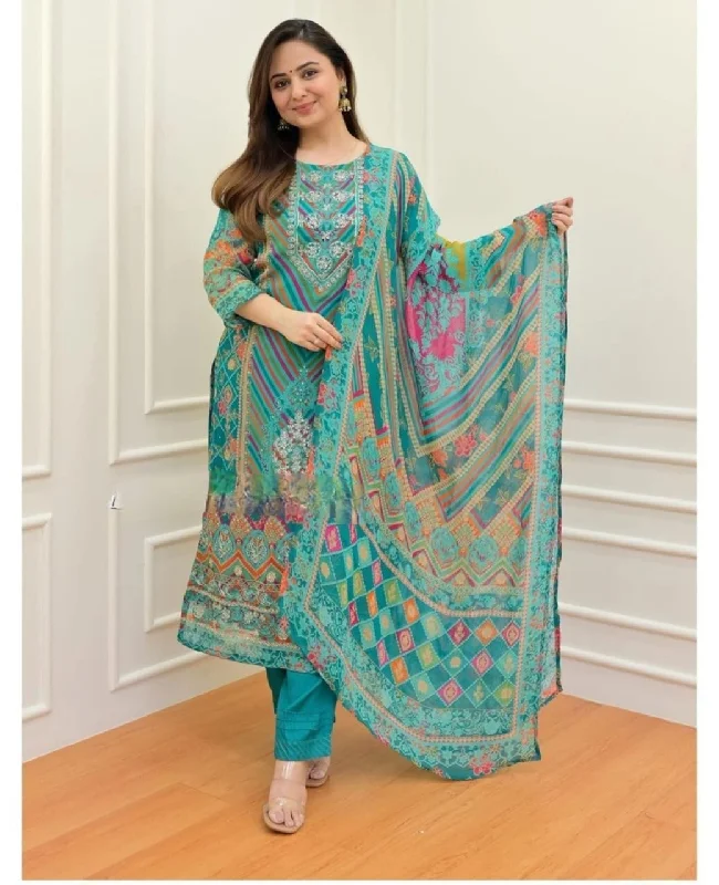 Blue Muslin Kurti with Pant and Dupatta Set