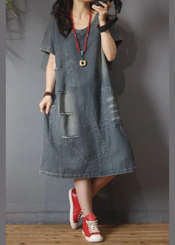 Carefree Style Italian Denim Hole Cotton asymmetrical design Summer Long Dress