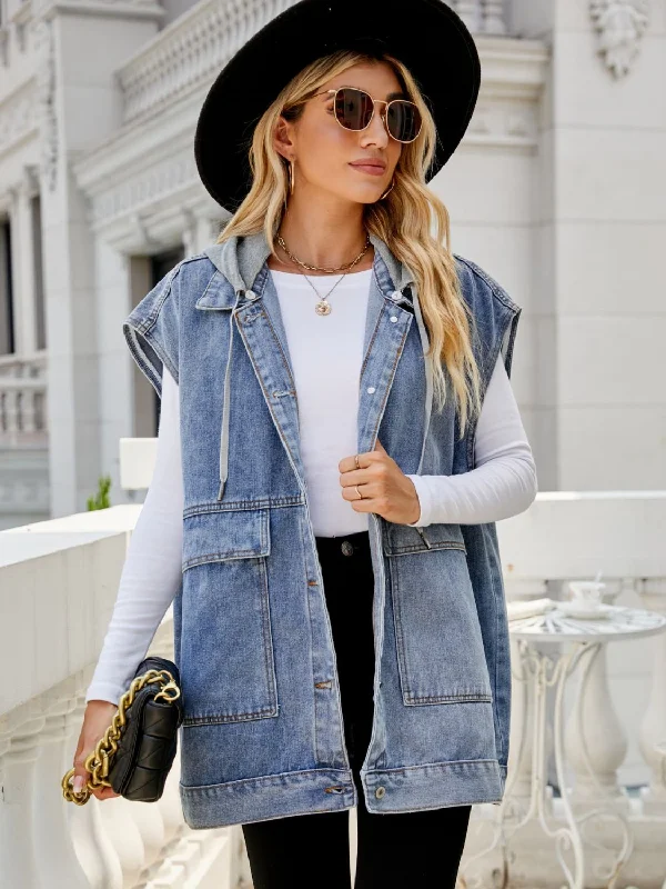 Eye-catching Personality Hooded Sleeveless Denim Top with Pockets