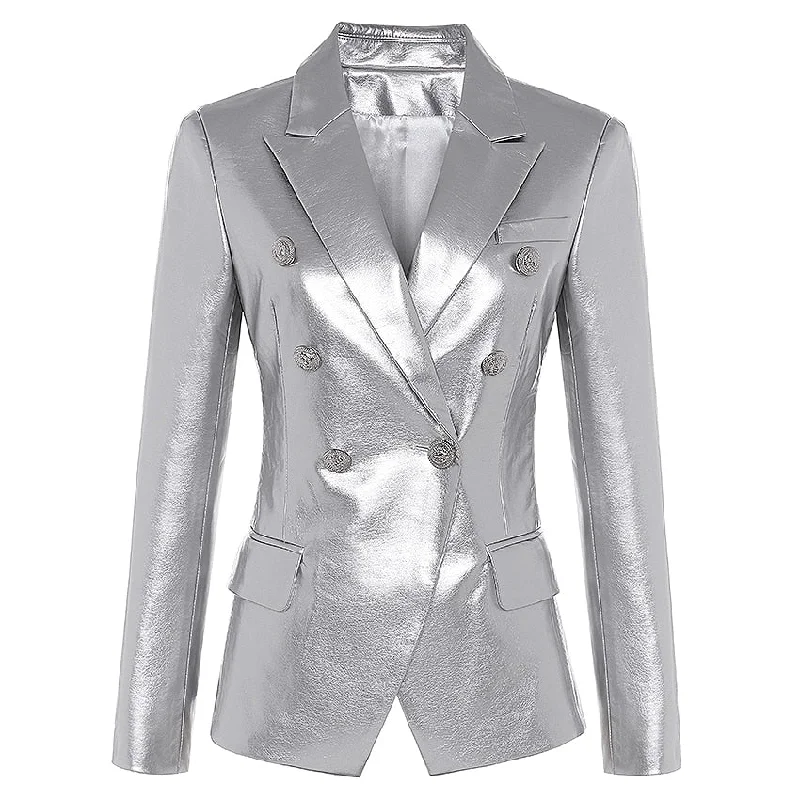 Newest Fall Winter 2019 Designer Blazer Jacket Women's Lion Metal Buttons Double Breasted Synthetic Leather Blazer Overcoat