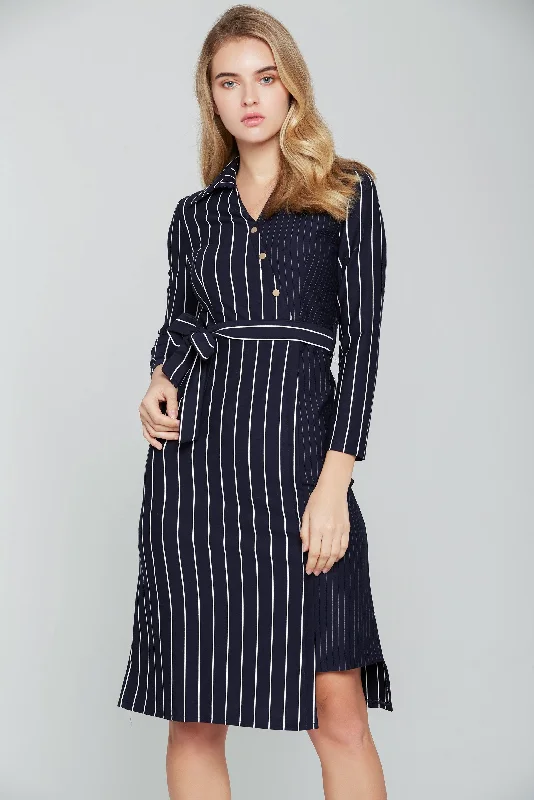 Low-key Luxury Navy Blue and White Stripes Full Sleeves Midi Dress