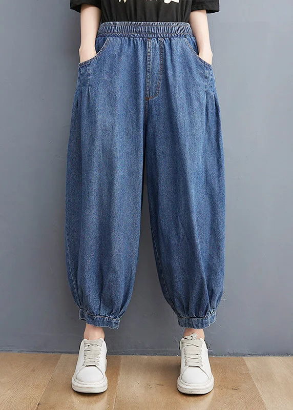 High-end Design Unique Blue Patchwork Elastic Waist Denim Lantern Pants