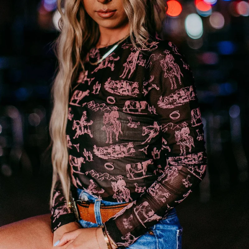 Fashion Style Women's Black & Pink Western Scene Mesh Shirt