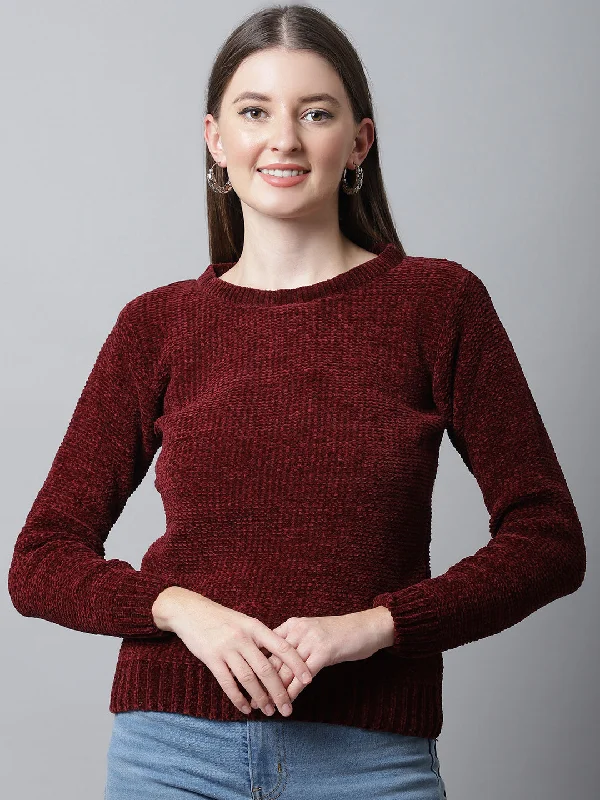 Floral Prints Women's Casual  Maroon Round neck Pullover Sweater