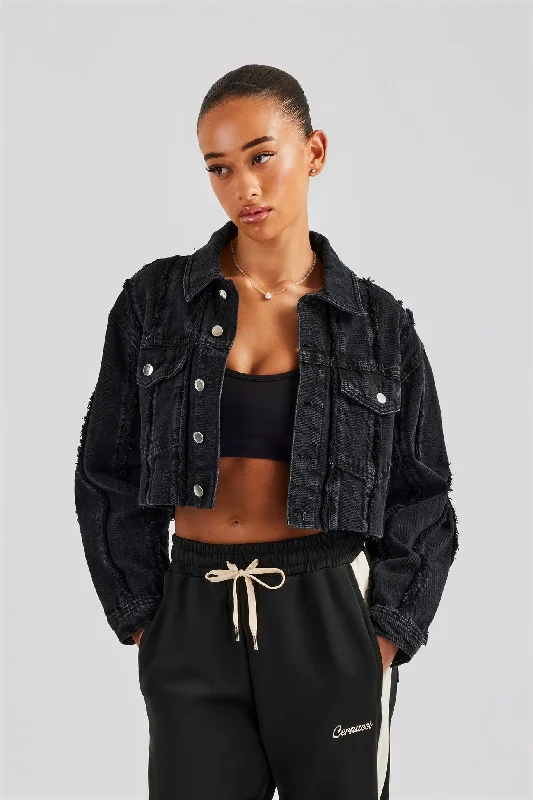 Fashion Elements Oversized Raw Edge Cropped Denim Jacket - Washed Black