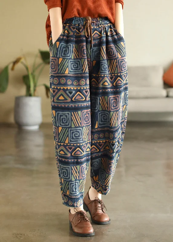 Bohemian Blue Elastic Waist Pockets Print Cotton Denim Harem Pants Fall