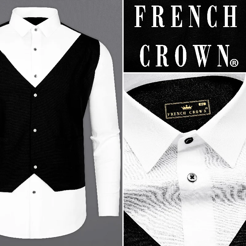 Bright White with black waistcoat Patterned Luxurious Linen Shirt