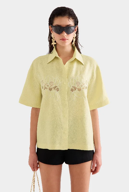 Luxury And Elegant Linen Relaxed Embroidered Short Sleeve Shirt -  Lemongrass