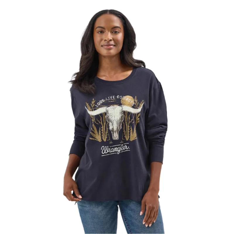 Loose Fit Wrangler Women's Navy Long Sleeve Steer Skull