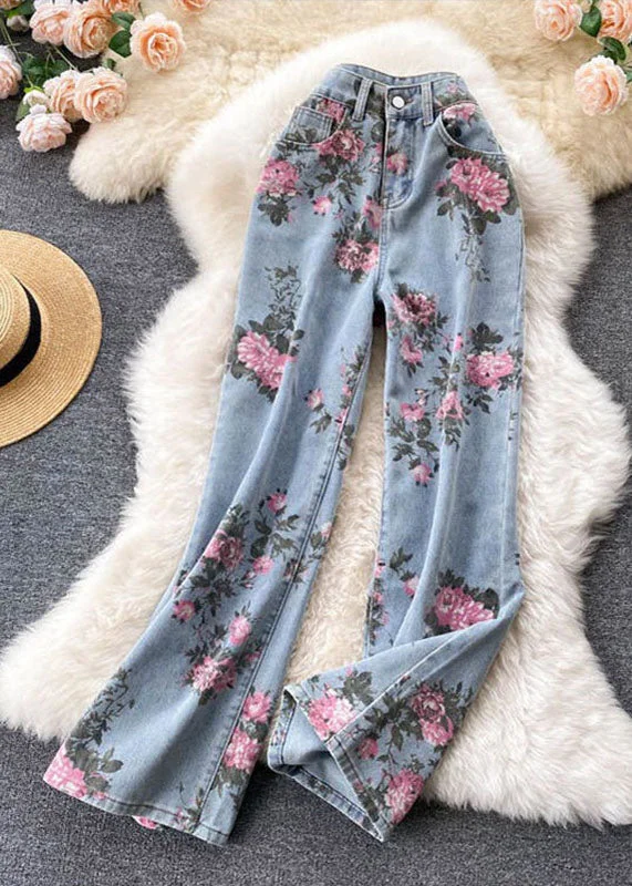 Elegant Tailoring Italian Blue Print Pockets Patchwork Denim Straight Pants Summer